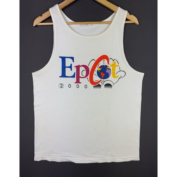 Vintage Y2K Walt Disney Mickey Mouse Epcot Center Tank Top Promo Art Logo White - Picture 1 of 15